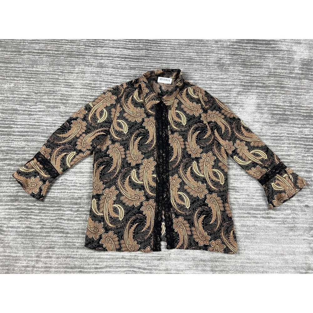Studio I Top Womens Large Multicolor Button Up 3/4 Sleeve Paisley‎ Floral